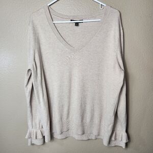 Banana Republic Womens |XL| Beige Cotton Blend Ruffle Cuff V-neck Sweater
